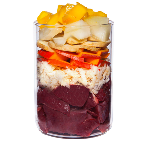 Kalb mit Petersilienwurzel, Mango und Johannisbeere