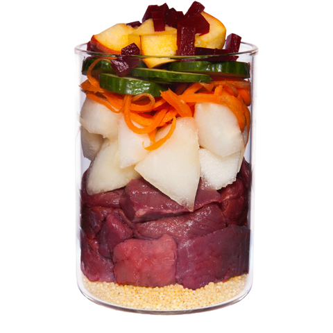 Kalb mit Hirse, Gurke, gelber Melone und Bärlauch