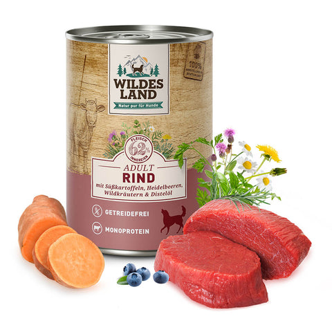 Rind mit Süßkartoffeln, Heidelbeeren, Wildkräutern und Distelöl